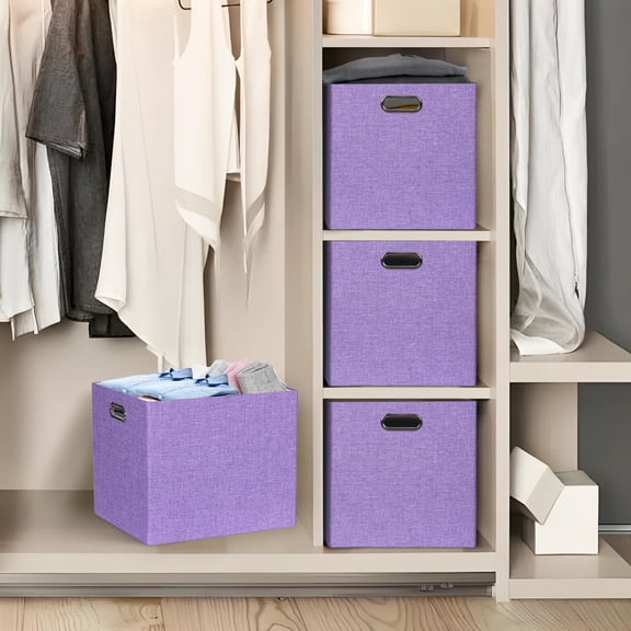 4 Pack 13x15x13 Inch Fabric Storage Cube Bins Purple Foldable Organizer Baskets for Closet, Wardrobe, Shelves, and Home