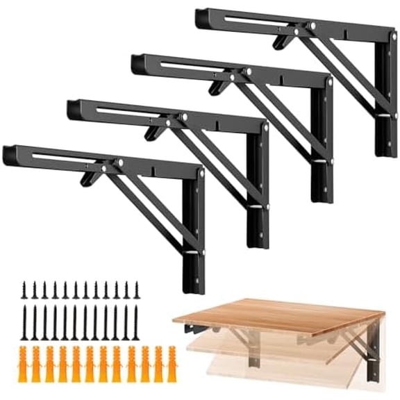 4 Pack 14 Inch Folding Shelf Brackets – Matte Black, Heavy Duty Collapsible Brackets for Tables and Benches – Space-Saving Design