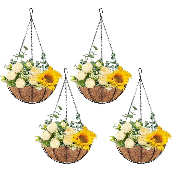 4 Pack 14 Inch Hanging Flower Baskets for Outdoor Plants Large Metal Wire Planters with Coco Liner Pot for Home Planting Black Watering Plant Holders for Outside Garden