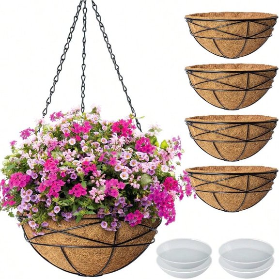 4 Pack 14 Inch Hanging Flower Baskets For Outdoor Plants Large Metal Wire Planters With Coco Liner Pot For Home Planting Black Watering Plant Holders For Outside Garden