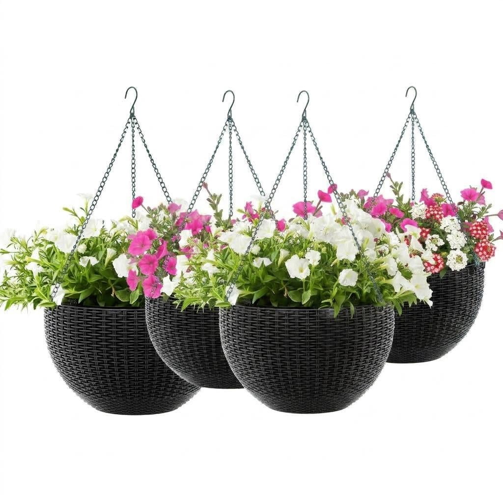 4 Pack 14 Inch Hanging Planter Baskets,Plastic Weave Wall Mounted Hanging Pots with Drainage Plug, Deep Inner Pot for Indoor Outdoor Plants, Flowers, Garden Balcony Decor