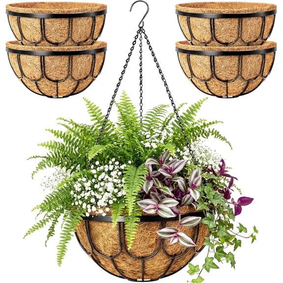 4 Pack 14 Inch Hanging Planters for Outdoor Plants, Black Metal Wire Hanging Flower Baskets with Coco Coir Liner, Large Hanging Plant Pots for Garden, Patio, Balcony, Indoor Home Decor