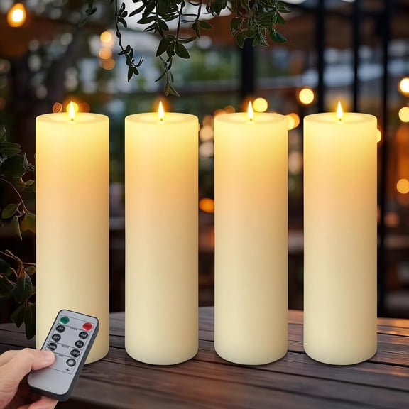 4 Pack 14 X 4 Inch Waterproof Flickering LED Flameless Pillar Candles with Timer and Remote Control Ivory Bestseling
