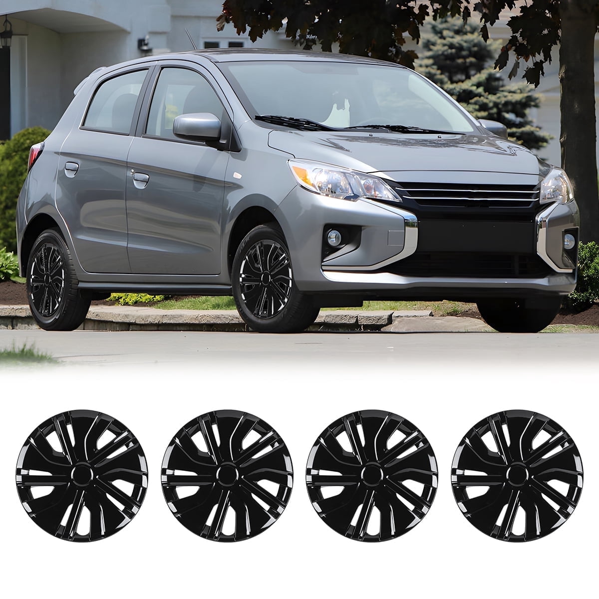 4 Pack 14 inch Steel Wheel Hubcaps for 2014-2025 Mitsubishi Mirage,Compatible With Steel Wheels,Snap-on Installation,Black Lacquer