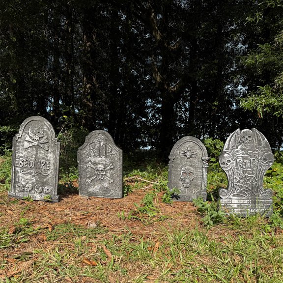 4 Pack 14'' x 22'' Halloween Foam RIP Tombstones Graveyard Headstone with 8 Stakes for Halloween Outdoor Lawn Yard Garden Decorations