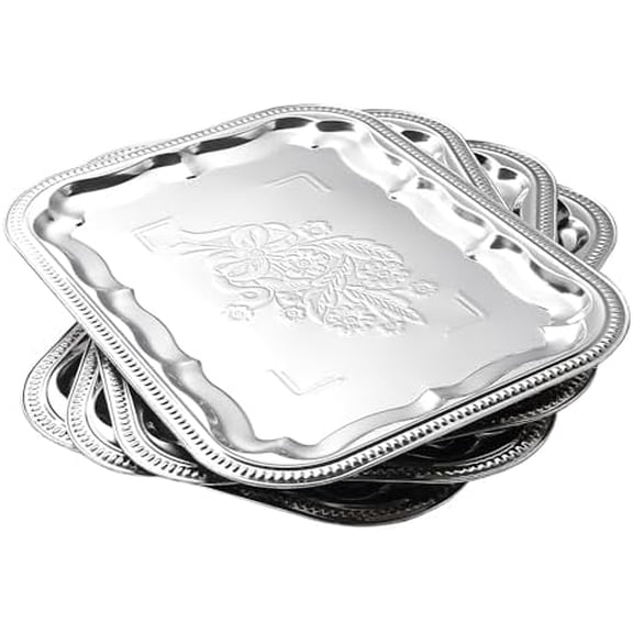 4-Pack 15.7" x 11.8" Silver Serving Trays for Party Set - Floral Engraved Serving Platters, Wedding Birthday Mirror Tray for Christmas, Food, Appetizer, Charcuterie, Cookies, Desserts