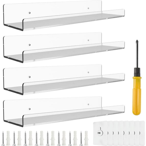 4 Pack 15'' Clear Acrylic Shelves for Wall Mounted Display Ledge Storage Racks, Acrylic Floating Wall Shelves for Kids Book Shelves, Living Room, Bathroom, Bedroom, Kitchen
