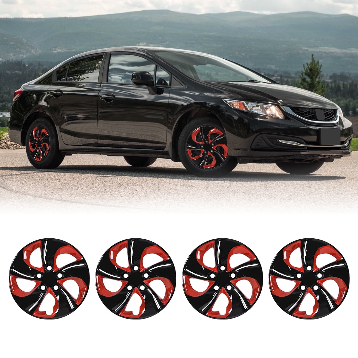 4 Pack 15" Hubcap for 2013-2015 Honda Civic Sedan,Wheel Rim Cover for 2013 Honda Civic Coupe,Compatible with Steel Wheels,Bolt on Installation,Black Lacquer & Red Lacquer