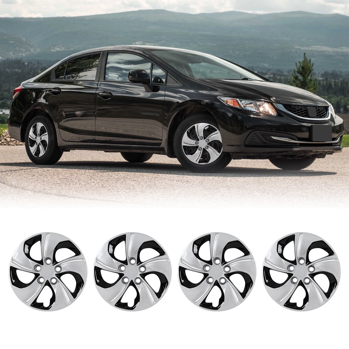 4 Pack 15" Hubcap for 2013-2015 Honda Civic Sedan,Wheel Rim Cover for 2013 Honda Civic Coupe,Compatible with Steel Wheels,Bolt on Installation,Silver Lacquer & Black Lacquer