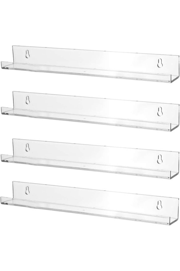 4 Pack 15 Inch Acrylic Invisible Kids Floating Bookshelf for Kids Room,Modern Picture Ledge Display Toy Storage Wall Shelf,Clear (4 Pack)