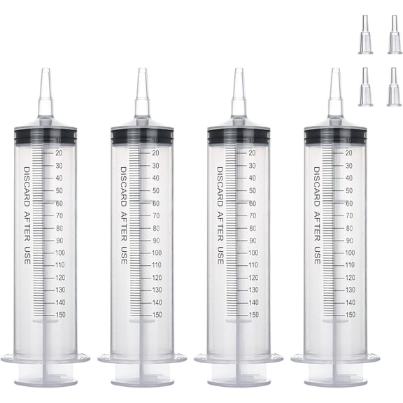 4 Pack 150mL Syringes for Liquid - Large Garden Syringe with Tip Adapter for Liquids, Oil, Watering Plants, Refilling, Measuring, Leak-Proof Design