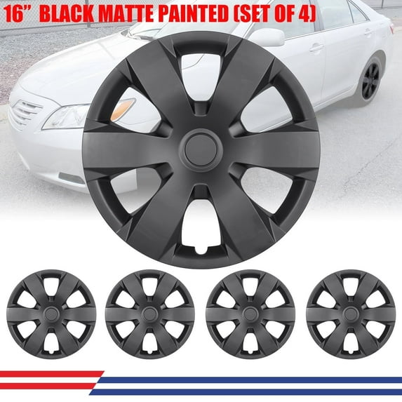 (4 Pack)16" Black Matte Hubcaps Wheel Rims Cover Fit for 2007-2011 Toyota Camry / Camry Hybrid Compatible with Steel Wheels Snap on Installation