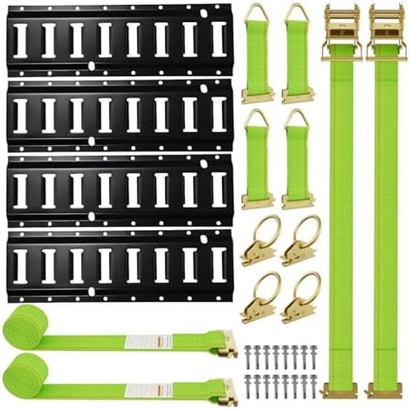 4 Pack 16 E-Track Rails Kit with 30 PCS Accessories Complete Tie Down System for Trailers,Vans & Garages Includes 2 Ratchet Straps,4 O-Rings,4 D-Ring Tie Offs,16 Screws,2000 lbs Capacity