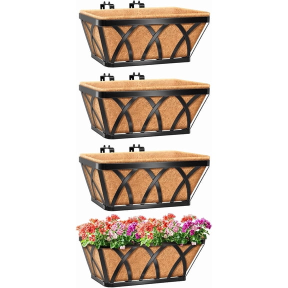 4 Pack 16 Inch Metal Railing Planter Window Box with Coco Liner- Adjustable Flower Boxes for Railings, Hanging Rail Planters Deck, Balcony, Porch, Fence, Indoor Outdoor Plants