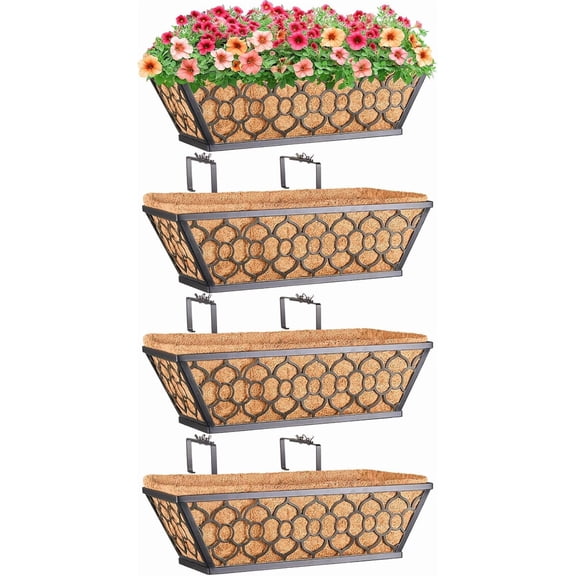 4 Pack 16 Inch Window Boxes Planters with Coco Liner, Metal Deck Railing Planter Boxes, Balcony Hanging, Horse Trough Flower for Outdoor Porch Fence Patio