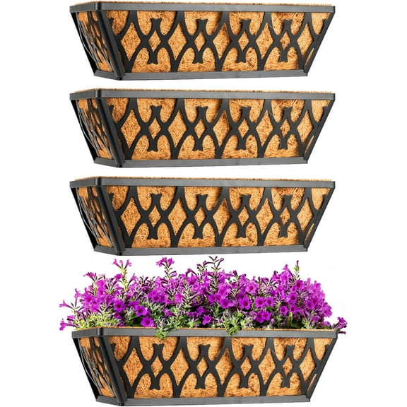 4 Pack 16 Inch Window Boxes Planters Railing Planter Box with Coco Liners Deck Balcony Hanging Flower for Outdoor Plants Garden Decor