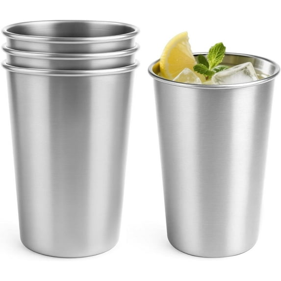 4 Pack 16 Ounce Stainless Steel Pint Cups Shatterproof Cup Tumblers Unbreakable Metal Drinking Glasses for Bar, Home, Restaurant
