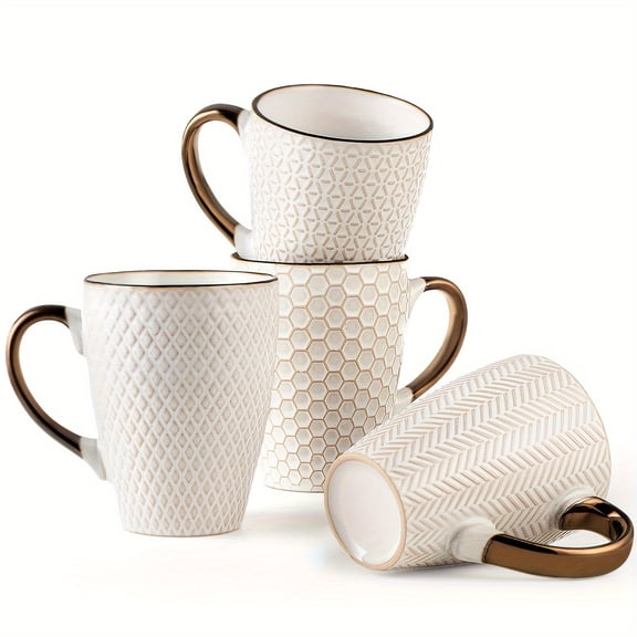 4-Pack 16 Oz Ceramic Coffee Mugs, Embossed Stoneware Cups for Latte Tea Cappuccino, Microwave & Dishwasher Safe, White - Ideal Gift for Coffee & Tea Lovers