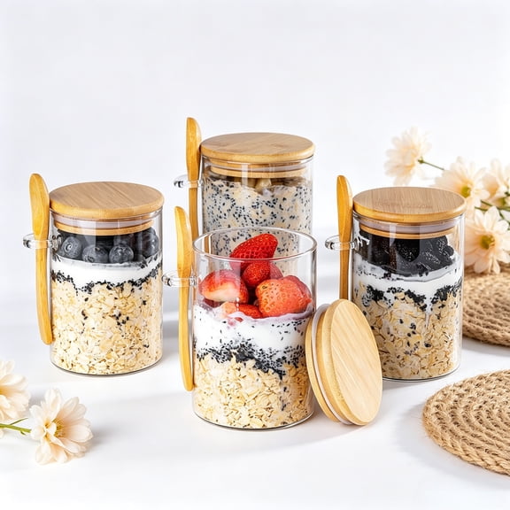 4 Pack 16 Oz Overnight Oats Jars with Lids, Glass Meal Prep Containers, Oatmeal Cups, Pudding Jars for Breakfast Storage