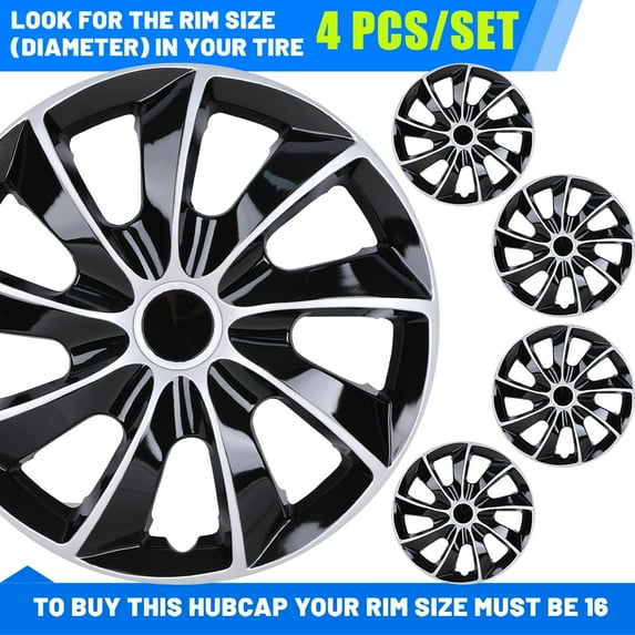 (4 Pack)16" Silver & Black Hub Caps Universal Wheel Rim Cover Exterior Accessories Snap on Car Truck SUV,PP Material