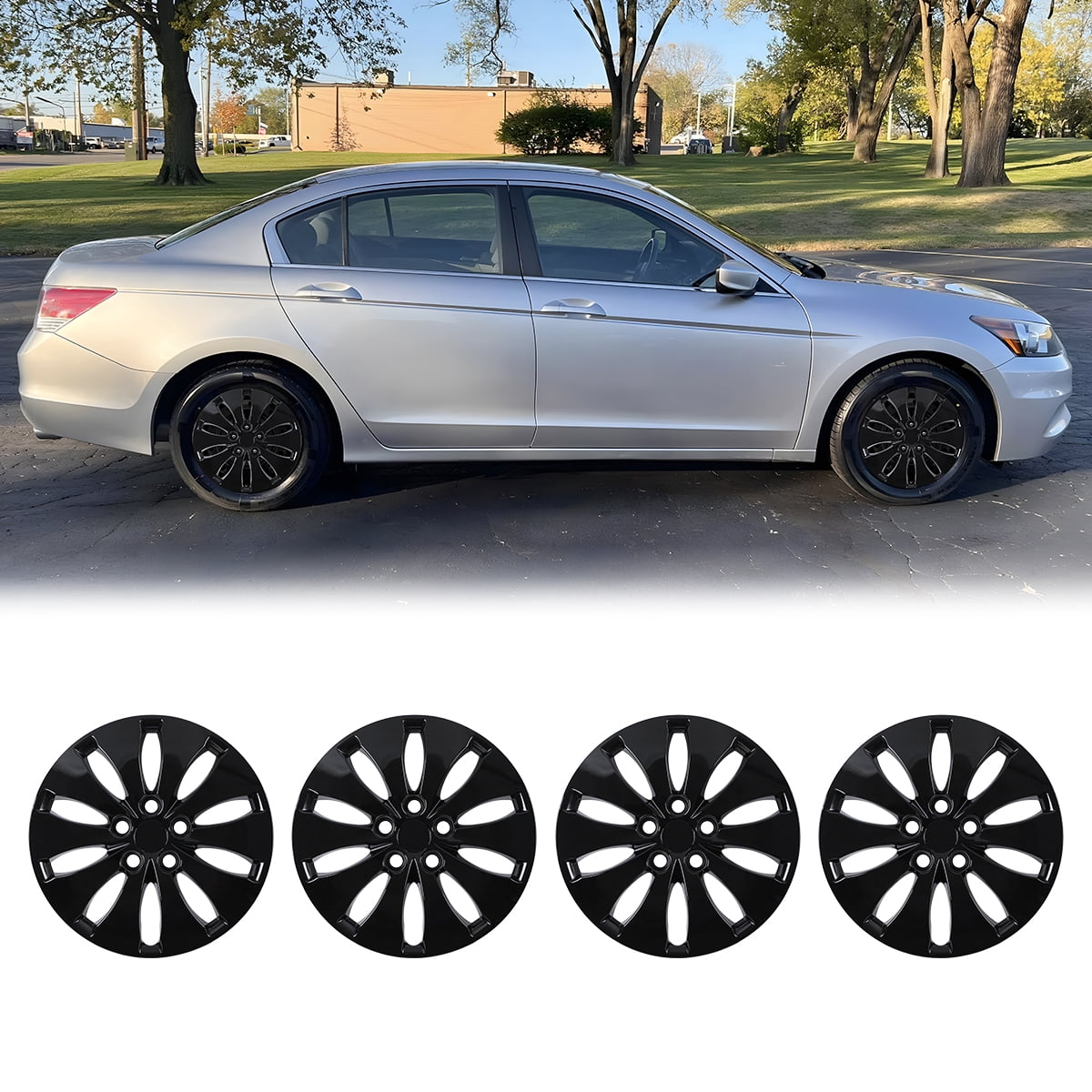 4 Pack 16 inch Hubcaps for 2008-2012 Honda Accord Sedan,Wheel Cover Replacement Fit for Steel Wheels,Bolt-on Car Truck SUV Hub Cap,Black Lacquer