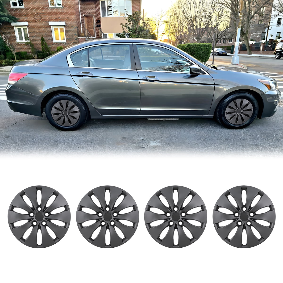 4 Pack 16 inch Hubcaps for 2008-2012 Honda Accord Sedan,Wheel Cover Replacement Fit for Steel Wheels,Bolt-on Car Truck SUV Hub Cap,Black Matte