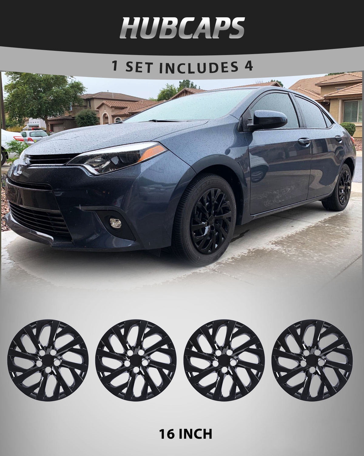 4 Pack 16 inch Wheel Cover Hubcap for 2009-2026 Toyota Corolla,Snap-on Installation,Black Lacquer