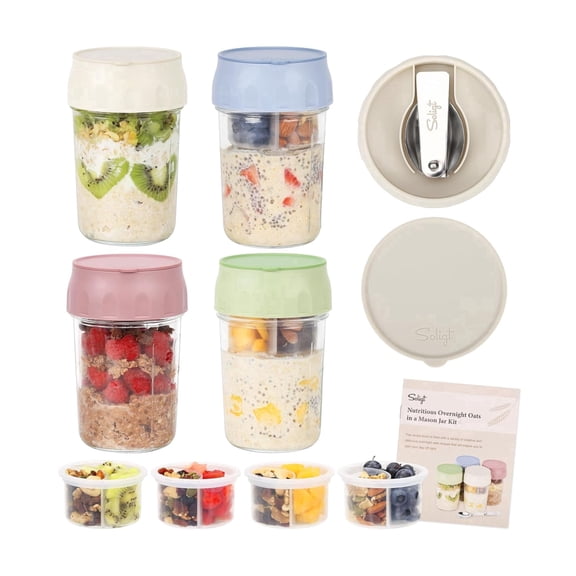 4 Pack 16 oz Glass Overnight Oats Containers with Lids, Folding Spoons and Divided Trays