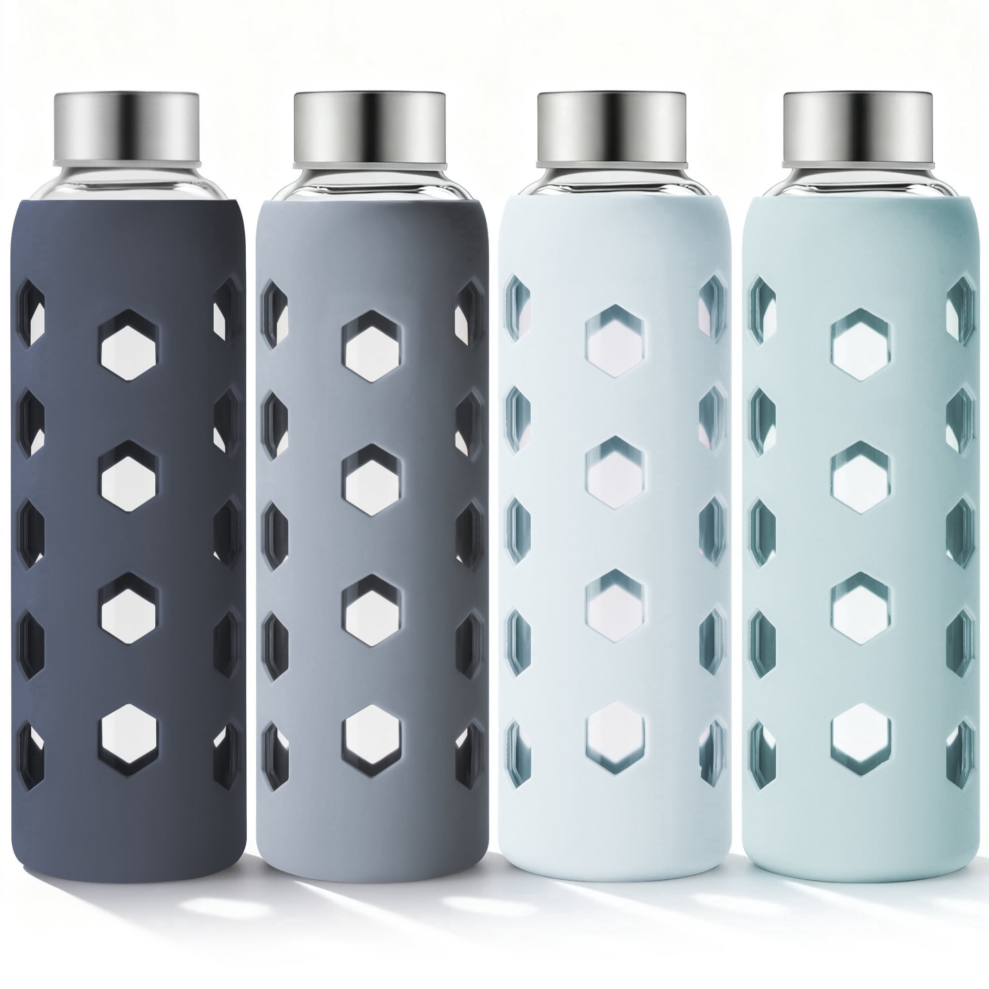 Glass Juice Bottles with Lids and Silicone Sleeves 18 oz, 4-Pack Reusable Clear Glass Water Bottles with Stainless Steel Airtight Cap for Juicing, Refrigerator, BPA Free Leak-Proof Drinking Jar