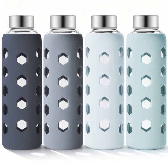 Glass Juice Bottles with Lids and Silicone Sleeves 18 oz, 4-Pack Reusable Clear Glass Water Bottles with Stainless Steel Airtight Cap for Juicing, Refrigerator, BPA Free Leak-Proof Drinking Jar