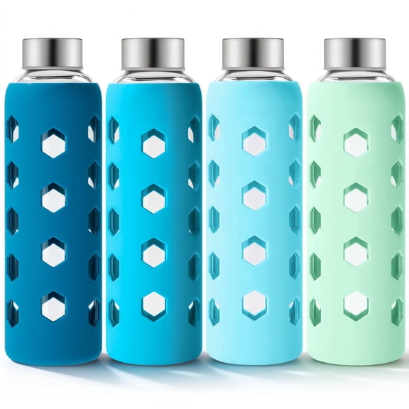 Glass Juice Bottles with Lids and Silicone Sleeves 18 oz, 4-Pack Reusable Clear Glass Water Bottles with Stainless Steel Airtight Cap for Juicing, Refrigerator, BPA Free Leak-Proof Drinking Jar