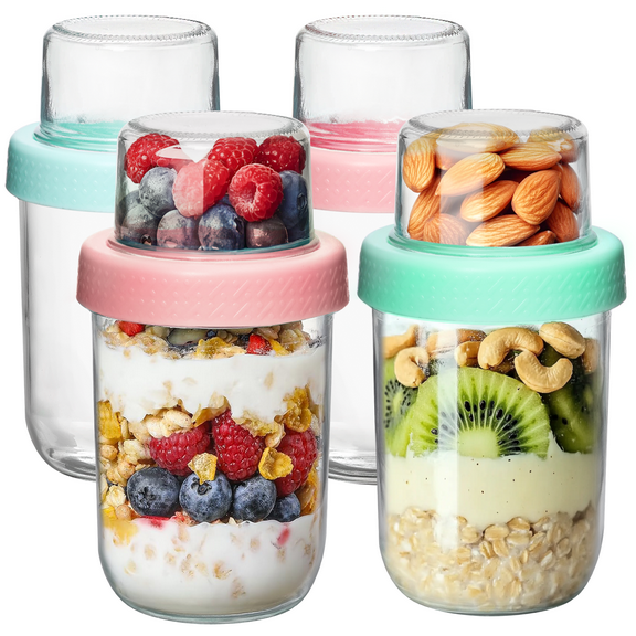 4-Pack 16 oz Overnight Oats Containers with Lids, Dual-Layer Chia Pudding Jars with Dry and Wet Separation, Yogurt Parfait Cups for Oatmeal Cereal Nut Fruit, Meal Prep Jars for Salad