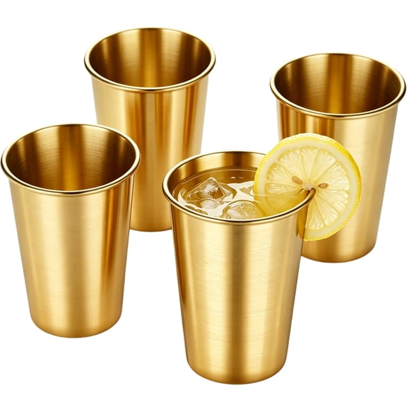 4 Pack 16 oz Stainless Steel Pint Cups,Stainless Steel Cup Sets for Kitchen,Pint Cup Tumbler,Water Tumbler,Stackable,Reusable,BPA Free (Gold)