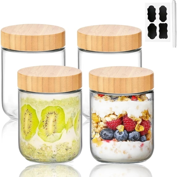 4 Pack 16oz Overnight Oats Containers with Bamboo Lids, Glass jars with Airtight Lids, Wide mouth Mason Salad jars, Glass Food Storage Containers for Snacks Yogurt Spice Sugar