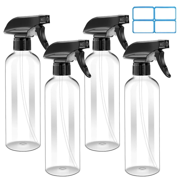 4 Pack 16oz Plastic Spray Bottle, Empty Spray Bottles Clear and Refillable Container with Labels & Adjustable Nozzle for Water, Essential Oils, Hair, Cleaning Products, Plants, Pet, BBQ