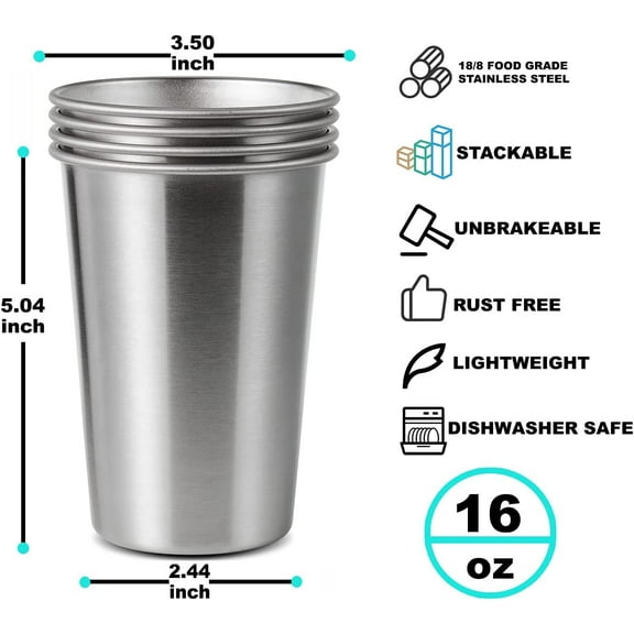 4 Pack 16oz Stainless Steel Pint Cup.Healthy Unbreakable and Stackable.Metal Drinking Glasses