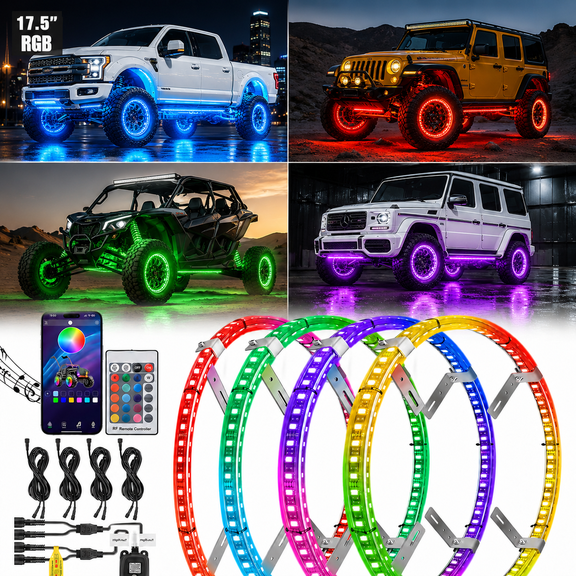 17.5-Inch RGB LED Ring Wheel Lights, Double Row App & Remote Control Wheel Rim Neon Lights 4-Pack with Turn Signal & Brake Function for Cars, Vans, SUVs & Trucks