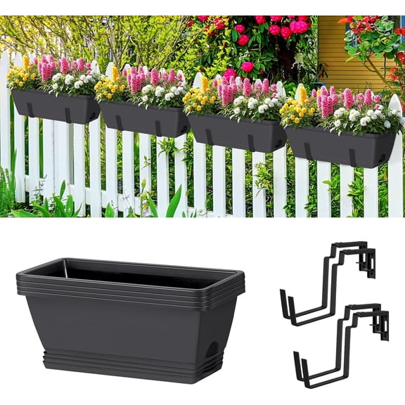 4 Pack 17 Inch Deck Railing Planter Boxes Window Boxes Planters Adjustable Balcony Planters Railing Hanging, Rectangular Fence Deck Rail Planter for Outdoor Plants Flower Pots Herb