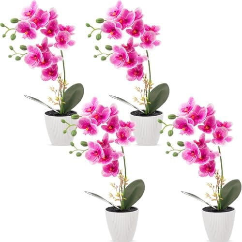 4 Pack 17" Tall Artificial Silk Phalaenopsis Orchid Flower Plant in Pot Purple Potted Orchid Flowers Indoor for Table Centerpieces Arrangements Home Office Wedding Party Decoration