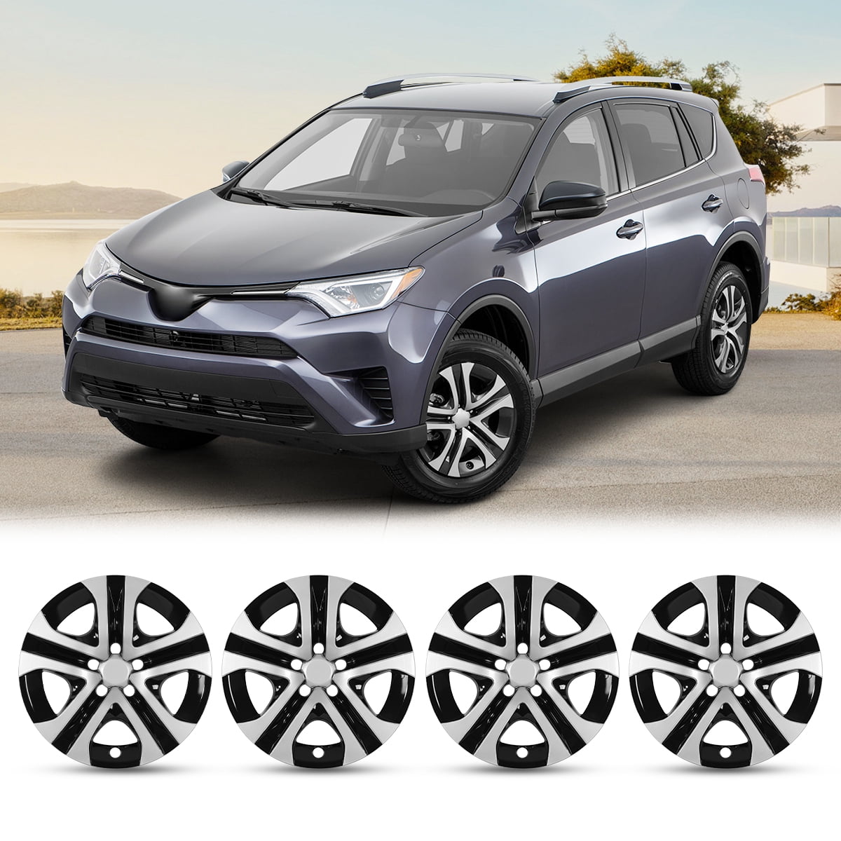 4 Pack 17 inch Wheel Cover Hubcap for 2013 2014 2015 2016 2017 2018 Toyota Rav4,Snap-on Installation,Silver Lacquer & Black Lacquer