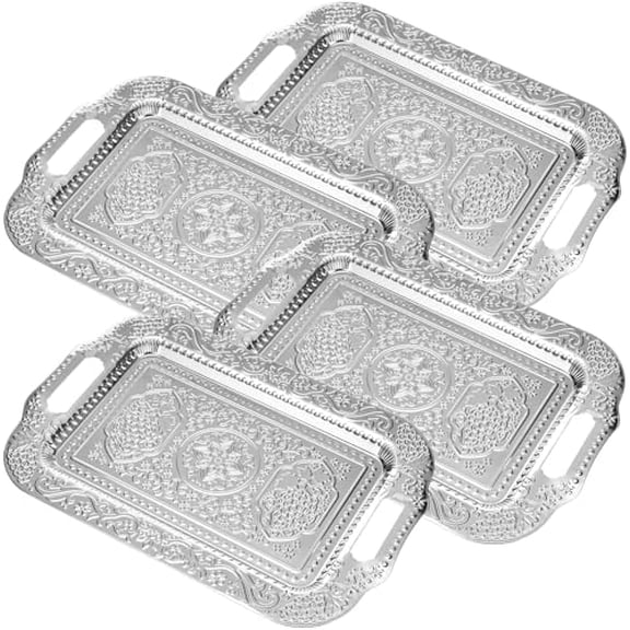 4 Pack 18.1" x 12.2" Large Silver Serving Tray with Handle Floral Engraved Serving Platters Wedding Birthday Mirror Tray for Buffet Party Display Food Service Jewelry Decorative