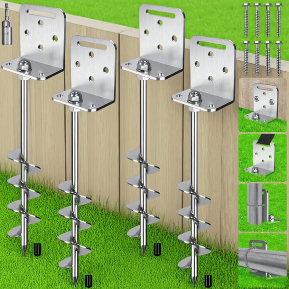 4 Pack 18" 24" Ground Anchors with L Bracket, Screw-In Spiral Steel Anchors for Swing Set, Shed, Trampoline, Fence, Carport