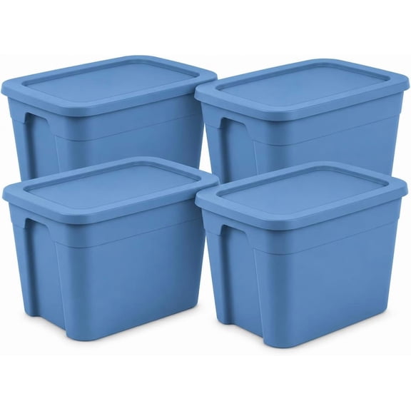 4-Pack 18 Gallon Tote, Stackable Storage Bin with Snap-on Lid, Blue | Stackable design with recessed lids, snap-on closure, integrated carry handles, 18-gallon capacity, space-saving for closets