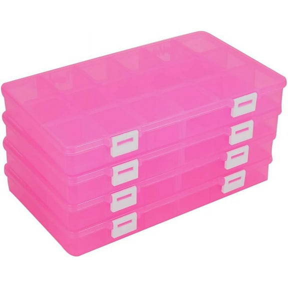 4 Pack 18 Grids Large Pink Transparent Plastic Storage Box Bead Organizer with Adjustable Dividers for Jewelry Beads Tools Craft Accessories