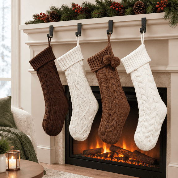 4 Pack 18 Inch Cable Knit Christmas Stockings Stylish Style Neutral Farmhouse Holiday Decor