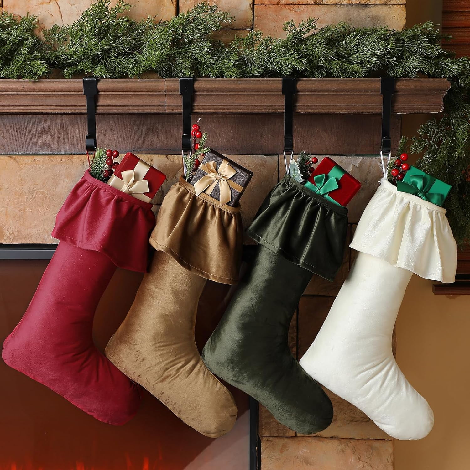 4 Pack 18 Inch Neutral Christmas Velvet Stocking Ruffled Design Large ...
