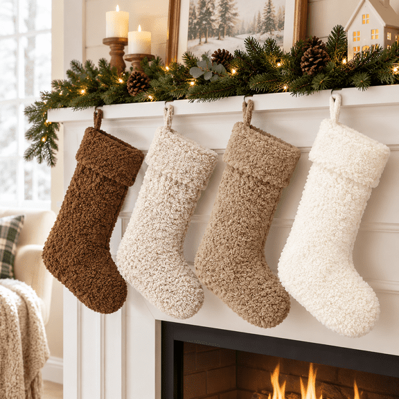 4-Pack 18 Inch Sherpa Fabric Christmas Stockings, Neutral Earth Tone Colors