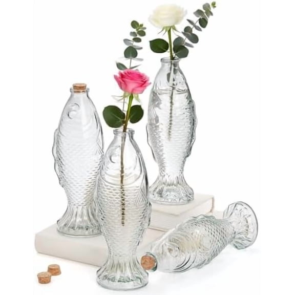 4 Pack 18 OZ Fish Shaped Glass Bottles with Cork, Decorative Clear Glass Oil Bottles Flower Vase Centerpieces Water Juice Wine Bottle$$Home Decor, Kitchen, & Other