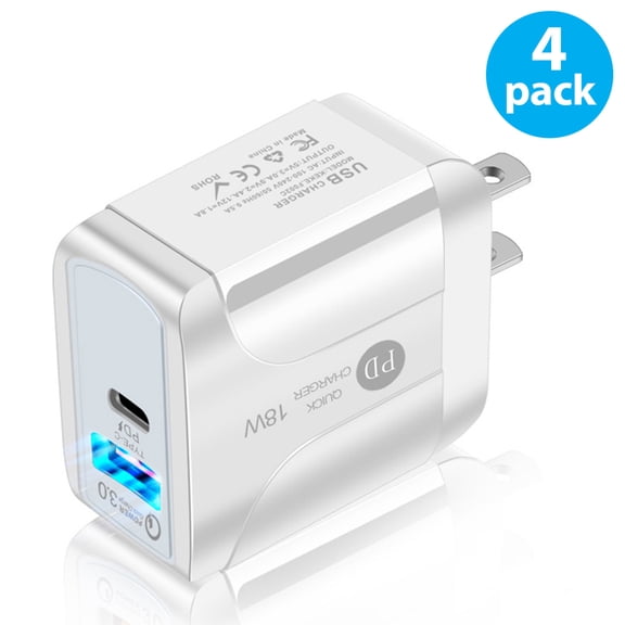 4-Pack 18W USB-C Fast Wall Charger Power Adapter Compatible with iPhone 15/15 Pro/14/14 Pro/13/13 Pro/12 Pro Max/12/12 Pro/12 Mini/11,Galaxy,Pixel 4/3, iPad Pro (Cable Not Included)