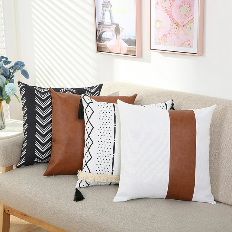 (4 Pack)18X18 Inches Brown Throw Pillow Covers Faux Leather Pattern Modern Pillowcase for Sofa Bedroom